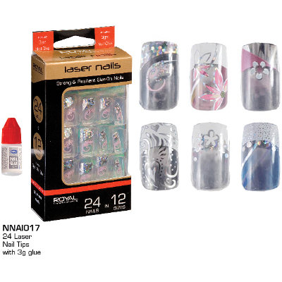 Royal 24 Laser Nail Tips Assorted Patterns With Glue (12 UNITS)