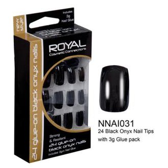 Royal 24 Black Onyx False Nail Tips With Glue (12 UNITS)
